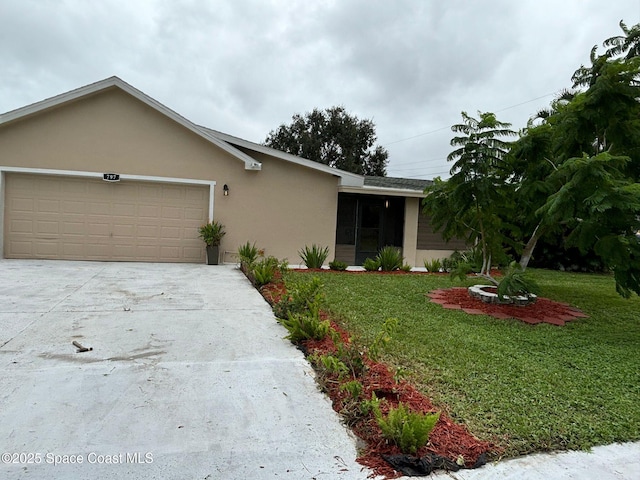 single story home with concrete driveway, a garage, stucco siding, and a front lawn