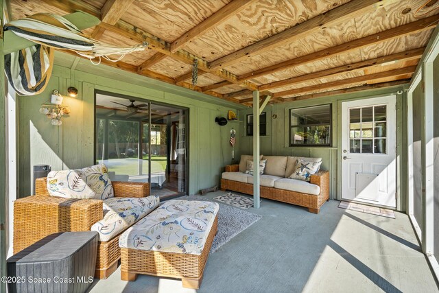 9633 Honeysuckle Dr, Sebastian, FL 32976 - sunroom / solarium featuring an outdoor hangout area and a ceiling fan