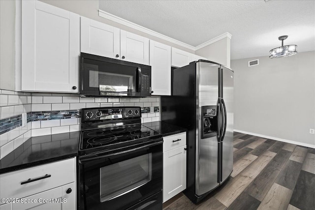 kitchen with black appliances, dark countertops, white cabinetry, tasteful backsplash, and a textured ceiling