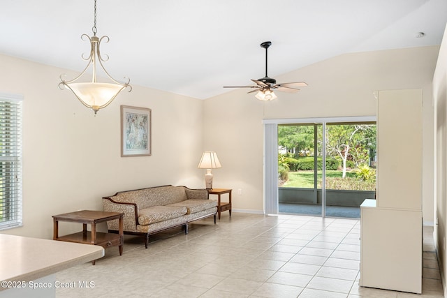7175 Mendell Way, Melbourne, FL 32940 - sitting room featuring ceiling fan, light tile patterned flooring, lofted ceiling, and baseboards