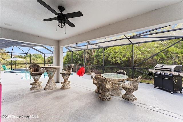 view of patio featuring a lanai, area for grilling, a ceiling fan, an outdoor pool, and outdoor dining area