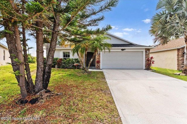 view of front of property featuring an attached garage, concrete driveway, a front yard, and stucco siding