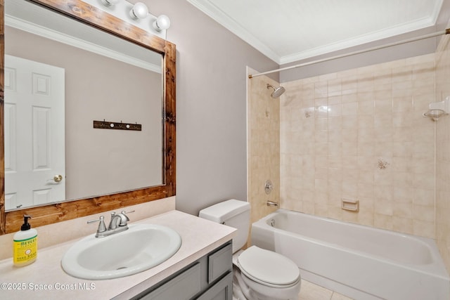 bathroom featuring vanity, ornamental molding, toilet, and shower / washtub combination