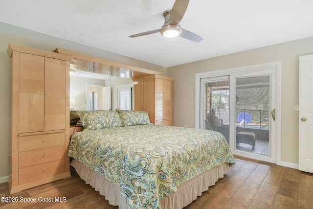 bedroom with access to outside, baseboards, a ceiling fan, and wood finished floors