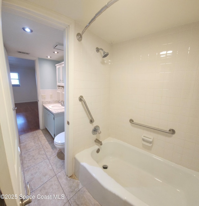 full bathroom with tile patterned floors, shower / bathtub combination, vanity, toilet, and recessed lighting