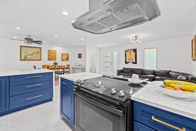 kitchen featuring black range with electric stovetop, under cabinet range hood, blue cabinets, open floor plan, and recessed lighting