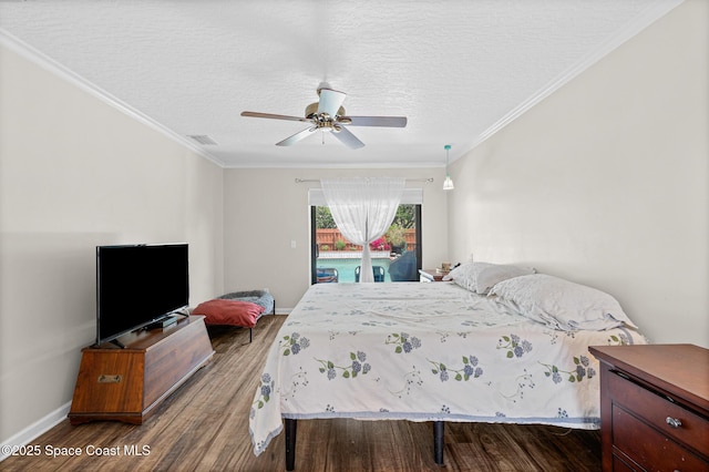 bedroom featuring wood finished floors, access to outside, a textured ceiling, crown molding, and ceiling fan