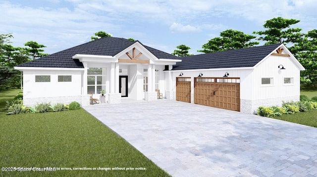 modern farmhouse with a tile roof, a garage, decorative driveway, and a front yard