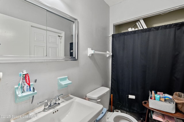 full bathroom featuring a sink, toilet, and a shower with shower curtain