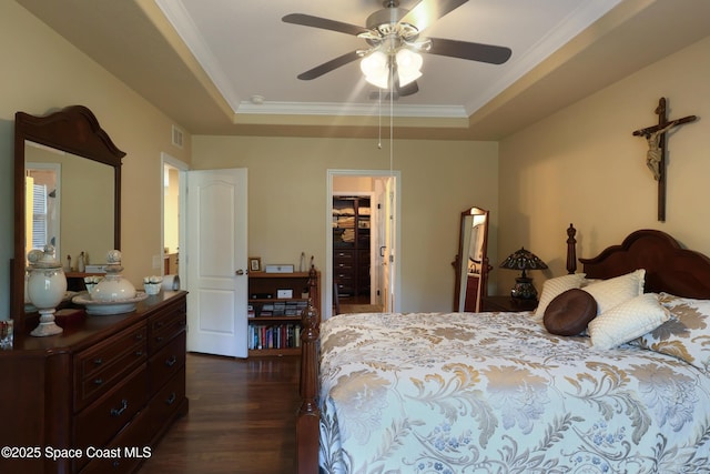 249 Franzing St, Palm Bay, FL 32908 - bedroom featuring a raised ceiling, a walk in closet, dark wood-style floors, ornamental molding, and a closet