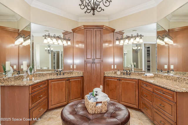 7346 Gorda Peak Ct, Melbourne, FL 32940 - bathroom featuring a chandelier, crown molding, and two vanities