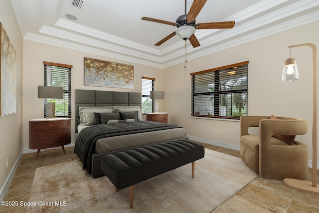 7346 Gorda Peak Ct, Melbourne, FL 32940 - bedroom featuring crown molding, a tray ceiling, baseboards, and a ceiling fan