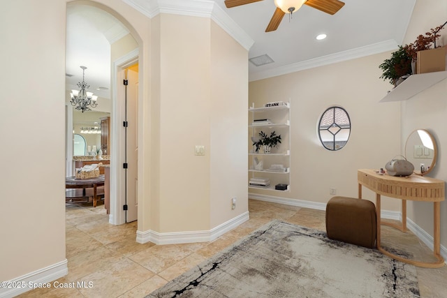 7346 Gorda Peak Ct, Melbourne, FL 32940 - corridor with crown molding, arched walkways, baseboards, recessed lighting, and a chandelier