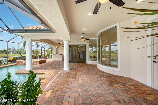 7346 Gorda Peak Ct, Melbourne, FL 32940 - view of patio / terrace with ceiling fan, glass enclosure, and an outdoor pool