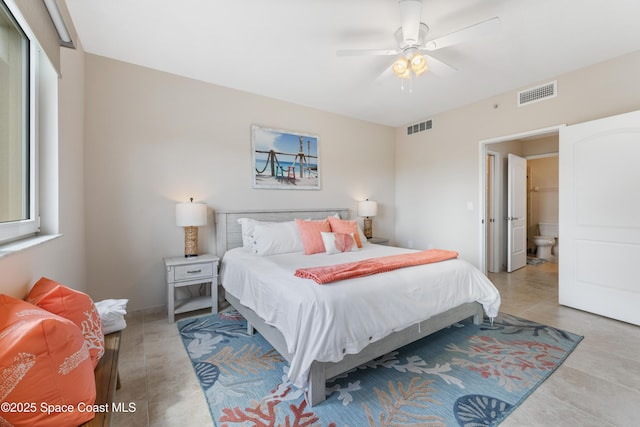 bedroom featuring a ceiling fan and visible vents