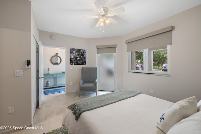 bedroom featuring light tile patterned floors, baseboards, and ceiling fan