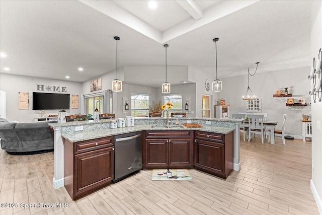 7268 Preserve Pointe Dr, Merritt Island, FL 32953 - kitchen featuring stainless steel dishwasher, a sink, open floor plan, light wood-style floors, and baseboards