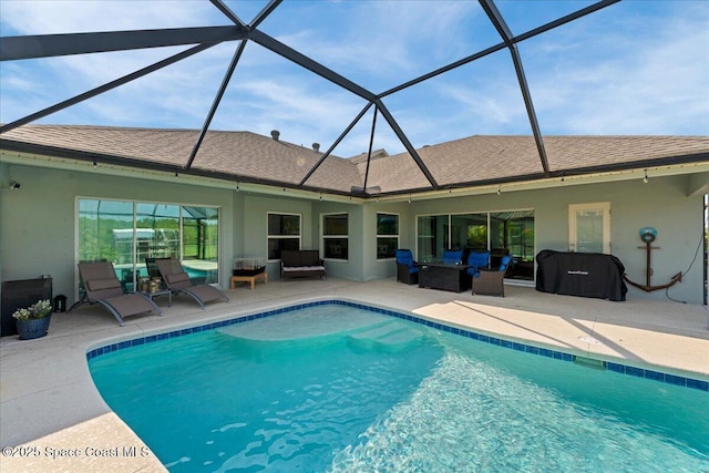 7268 Preserve Pointe Dr, Merritt Island, FL 32953 - outdoor pool with an outdoor living space, a patio, and glass enclosure