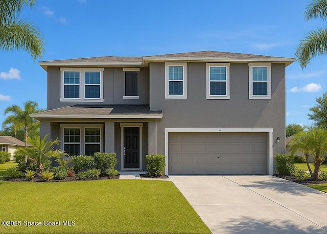 735 Sorrento Dr, Cocoa, FL 32922 - traditional-style house featuring stucco siding, an attached garage, driveway, and a front yard