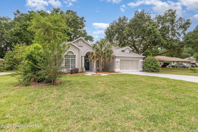 single story home featuring stucco siding, driveway, a garage, and a front yard