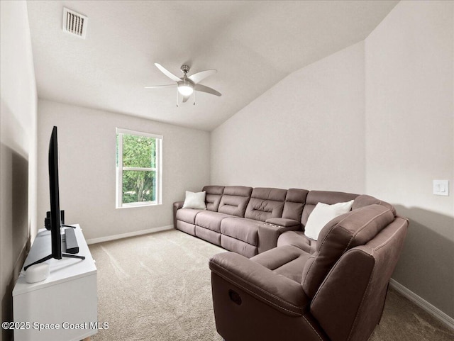 354 Dryden Cir, Cocoa, FL 32926 - living area featuring carpet, ceiling fan, lofted ceiling, and baseboards