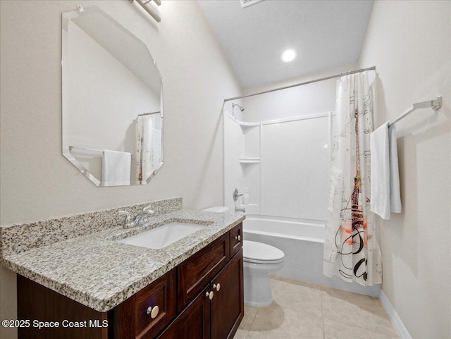 354 Dryden Cir, Cocoa, FL 32926 - bathroom featuring vanity, shower / tub combo, toilet, tile patterned floors, and baseboards
