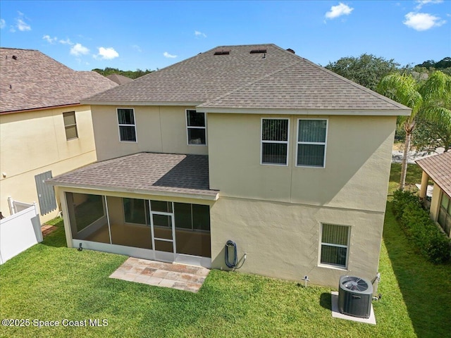 354 Dryden Cir, Cocoa, FL 32926 - rear view of property featuring roof with shingles, a sunroom, cooling unit, and stucco siding