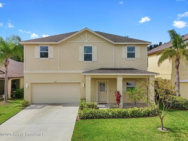 354 Dryden Cir, Cocoa, FL 32926 - traditional home with stucco siding, a front lawn, concrete driveway, and a garage