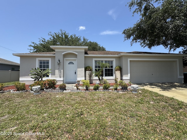 539 Olsmar St SW, Palm Bay, FL 32908 - ranch-style house featuring stucco siding, an attached garage, a front yard, and concrete driveway