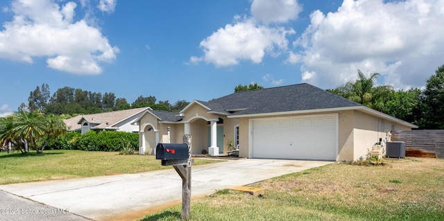 4920 48th Pl, Vero Beach, FL 32967 - ranch-style home with an attached garage, central AC unit, stucco siding, driveway, and roof with shingles