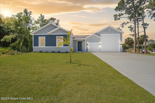 998 Wacona St SE, Palm Bay, FL 32909 - ranch-style home with concrete driveway, a garage, a lawn, and stucco siding