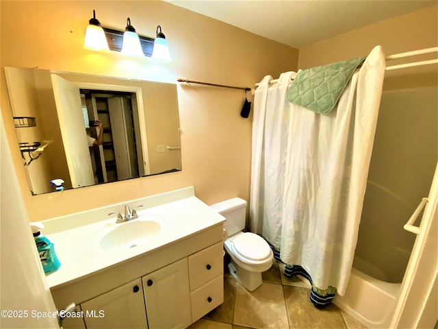 bathroom featuring tile patterned flooring, vanity, toilet, and shower / bath combination with curtain