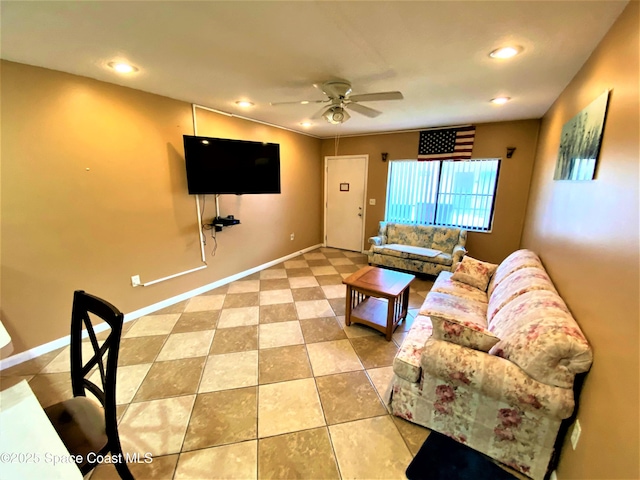 living area featuring ceiling fan, recessed lighting, baseboards, and light tile patterned floors