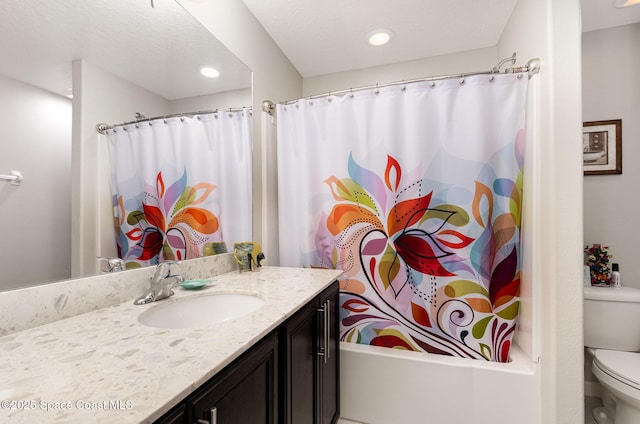 full bath with toilet, vanity, shower / bath combo with shower curtain, and recessed lighting