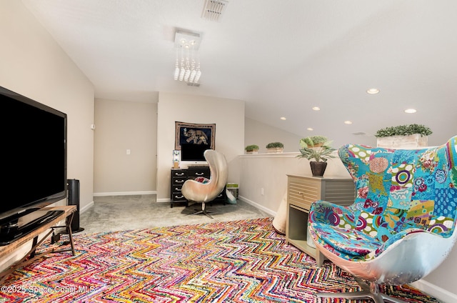 living area with carpet, recessed lighting, vaulted ceiling, and baseboards