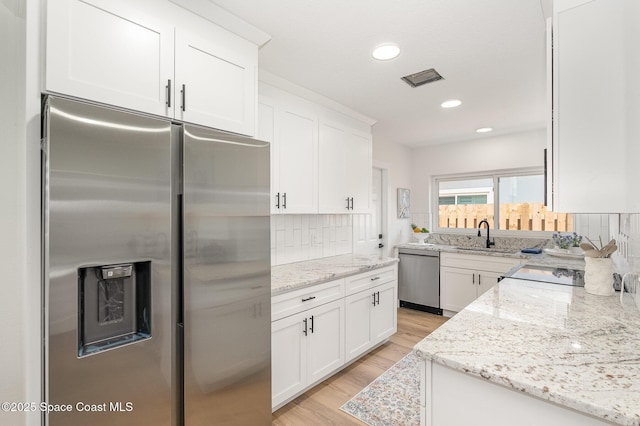 225 Price Ct, Satellite Beach, FL 32937 - kitchen featuring appliances with stainless steel finishes, a sink, light wood-type flooring, decorative backsplash, and white cabinets