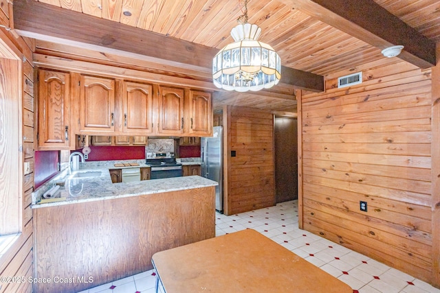 kitchen featuring appliances with stainless steel finishes, beam ceiling, wooden ceiling, light floors, and a sink
