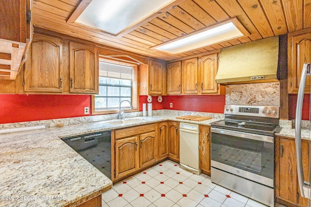 kitchen with electric stove, premium range hood, a sink, black dishwasher, and brown cabinets