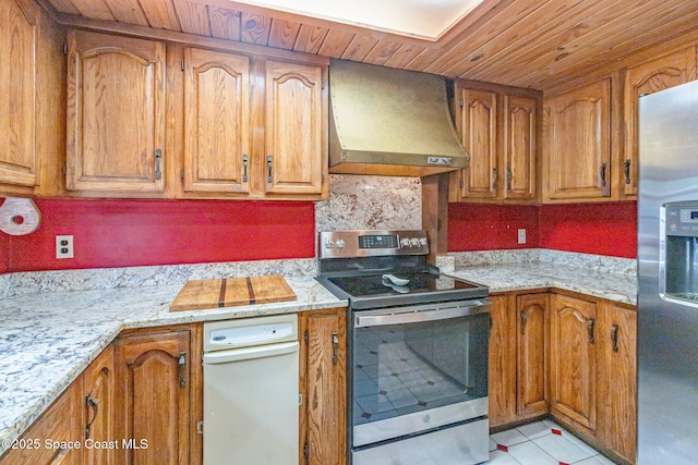 kitchen with extractor fan, appliances with stainless steel finishes, brown cabinets, and wood ceiling