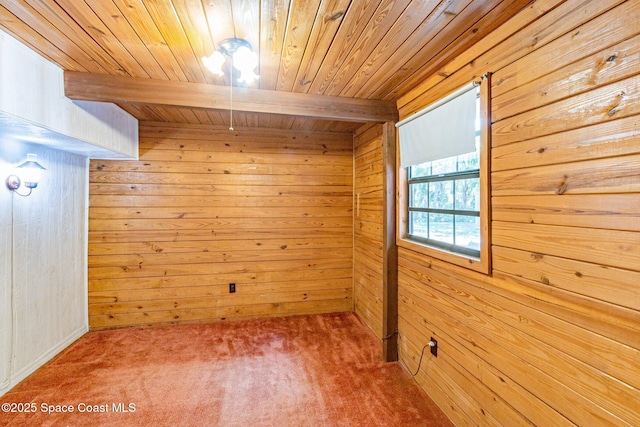 carpeted spare room with wooden walls and wooden ceiling