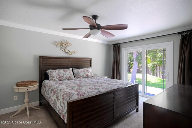 280 Pelican Dr, Melbourne Beach, FL 32951 - bedroom with light colored carpet, access to exterior, ornamental molding, baseboards, and a ceiling fan