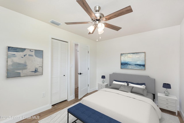 878 Iroquois Ave, Melbourne, FL 32935 - bedroom with light wood-type flooring, baseboards, a closet, and ceiling fan