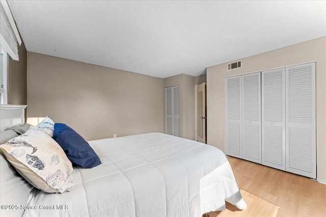 bedroom featuring light wood-style floors and two closets