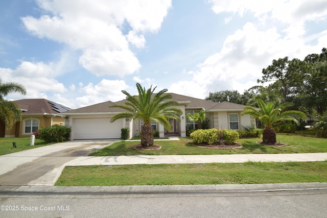single story home with concrete driveway, an attached garage, a front lawn, and stucco siding