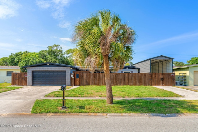 mid-century home with driveway, an attached garage, brick siding, and a detached carport