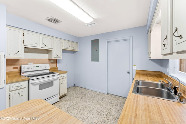 kitchen with white range with electric cooktop, a sink, electric panel, tasteful backsplash, and white cabinets