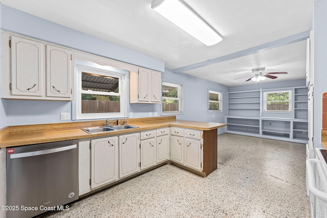 kitchen with stainless steel dishwasher, a sink, a peninsula, a ceiling fan, and butcher block countertops