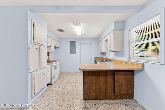 kitchen with white electric stove, a sink, electric panel, a peninsula, and light countertops