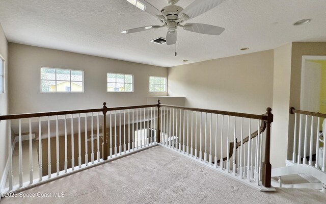 hallway with carpet floors and a textured ceiling