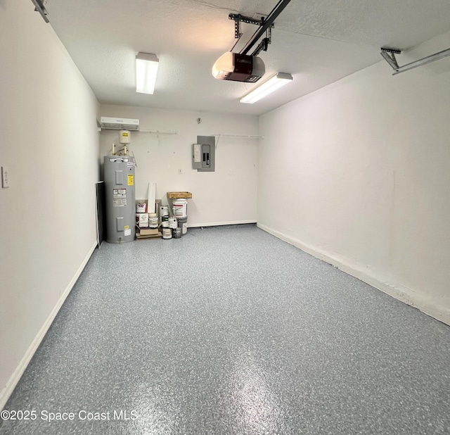 garage featuring water heater, electric panel, a garage door opener, and baseboards